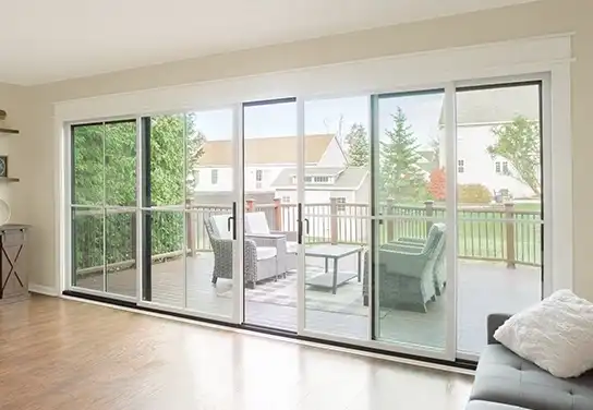 Interior view of a white four-panel Marvin Replacement Sliding Glass Door.