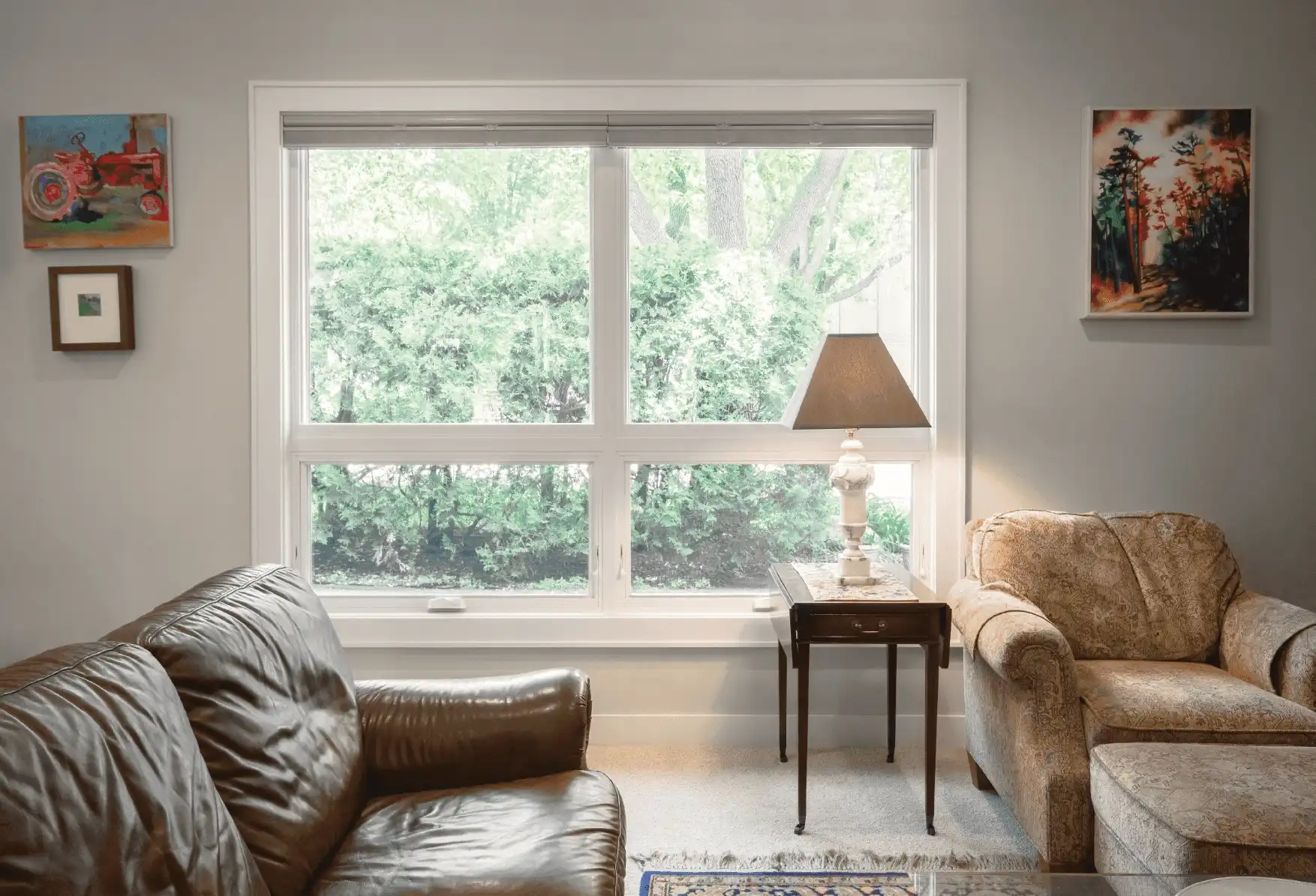 Interior living room image of VonHertzen house located in Chaska MN featuring an Awning and Picture windows in Stone White interior finish with White hardware.