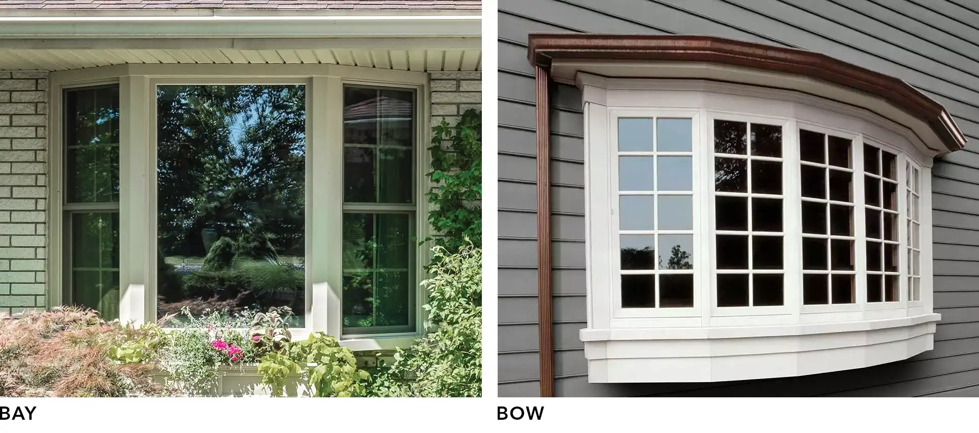 Exterior view of a Marvin Replacement Bay Window next to an exterior image of a Marvin Replacement Bow Window.