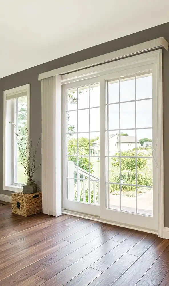 nterior living room image featuring a Sliding French door and a Casement in Stone White finish