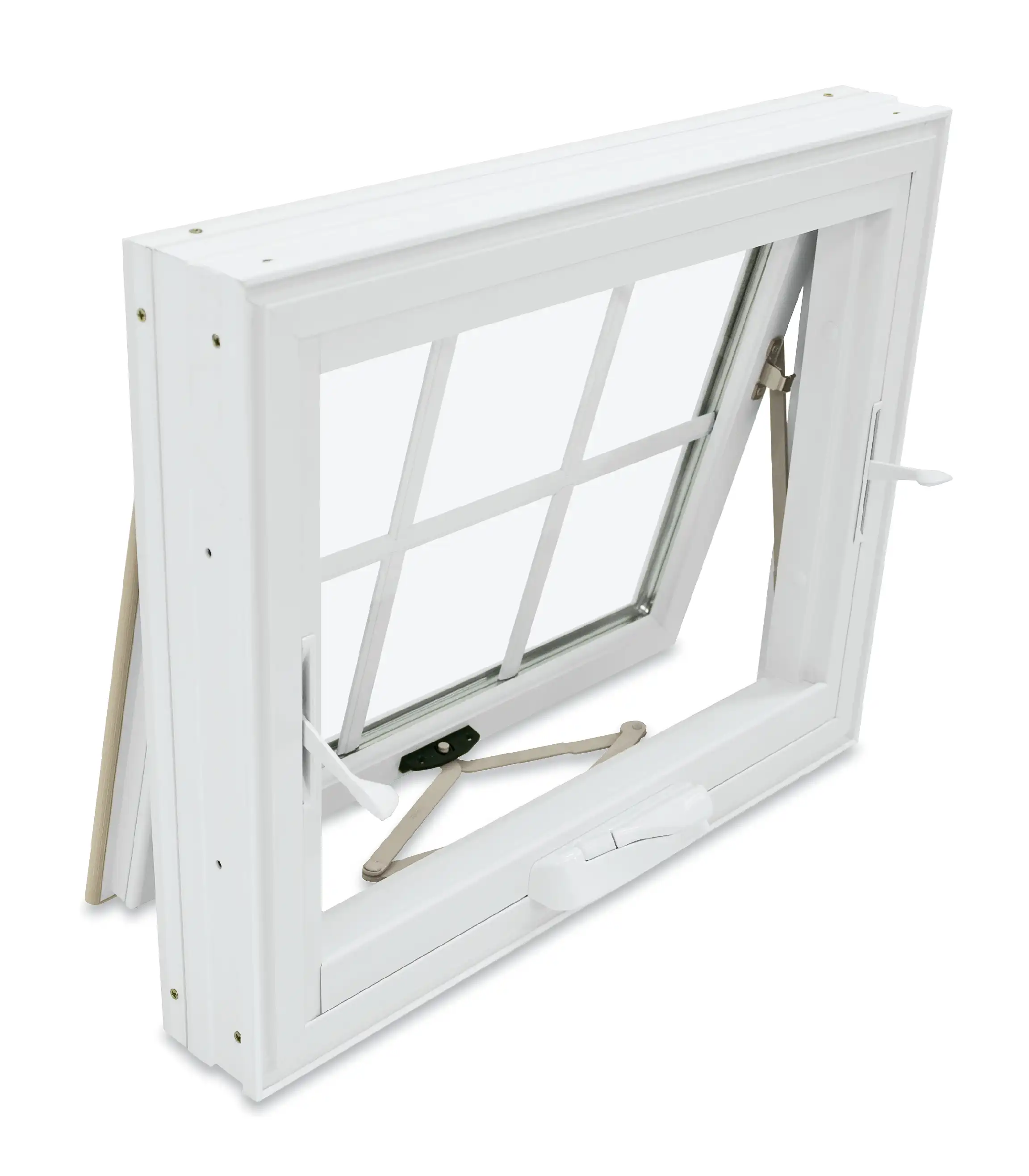 An opened white Marvin Replacement Awning window showcasing window latches and roto-gear hardware.