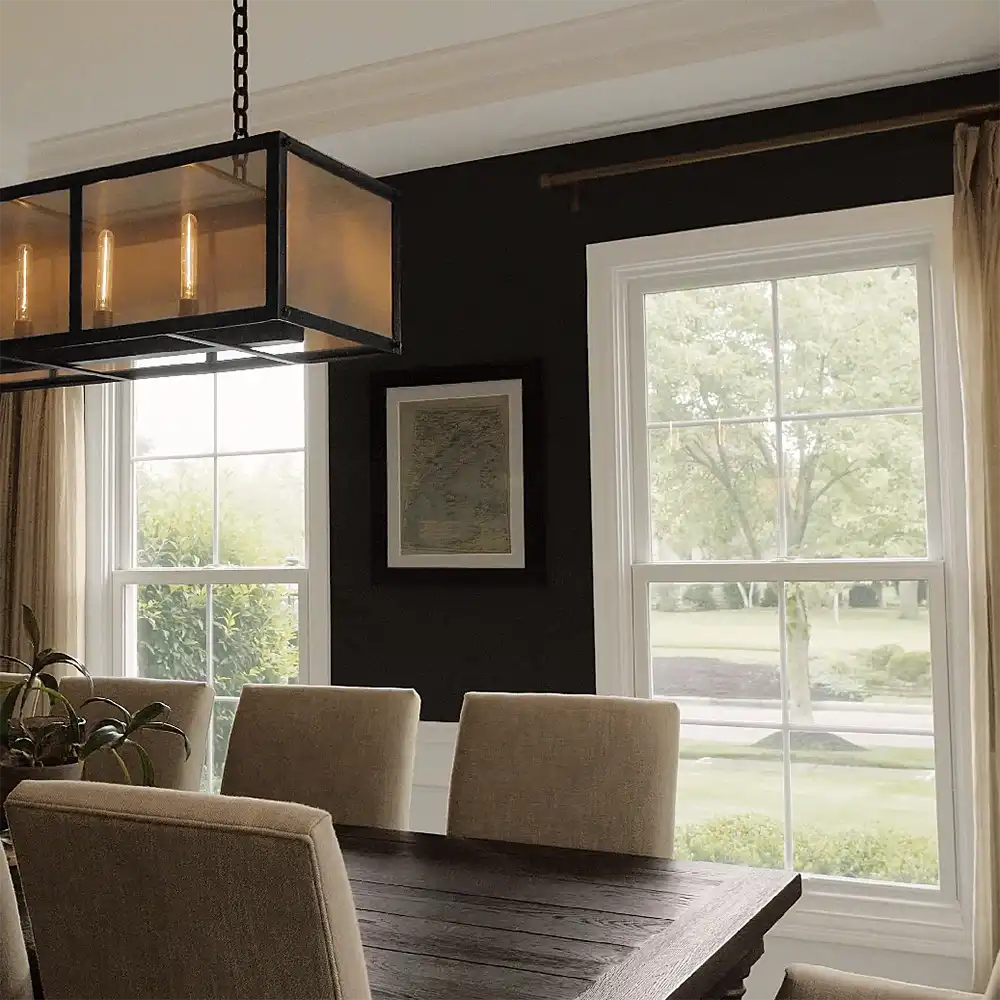 Interior dining room image featuring Double Hung Windows in Stone White interior finish with White hardware