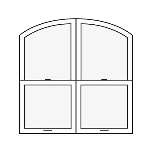 Line drawing of two Marvin Replacement Single Hung Round Top windows mulled together.
