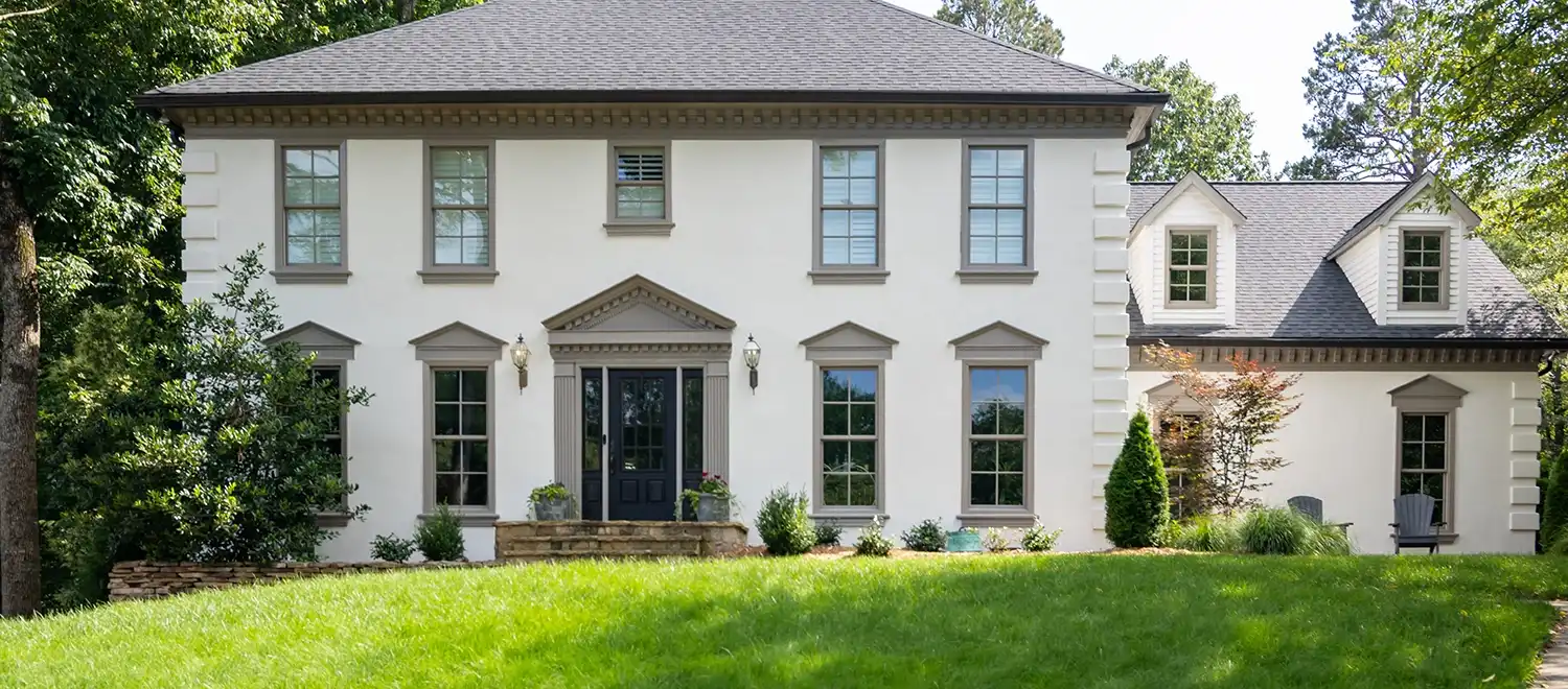 exterior view of double hung windows in pebble grey