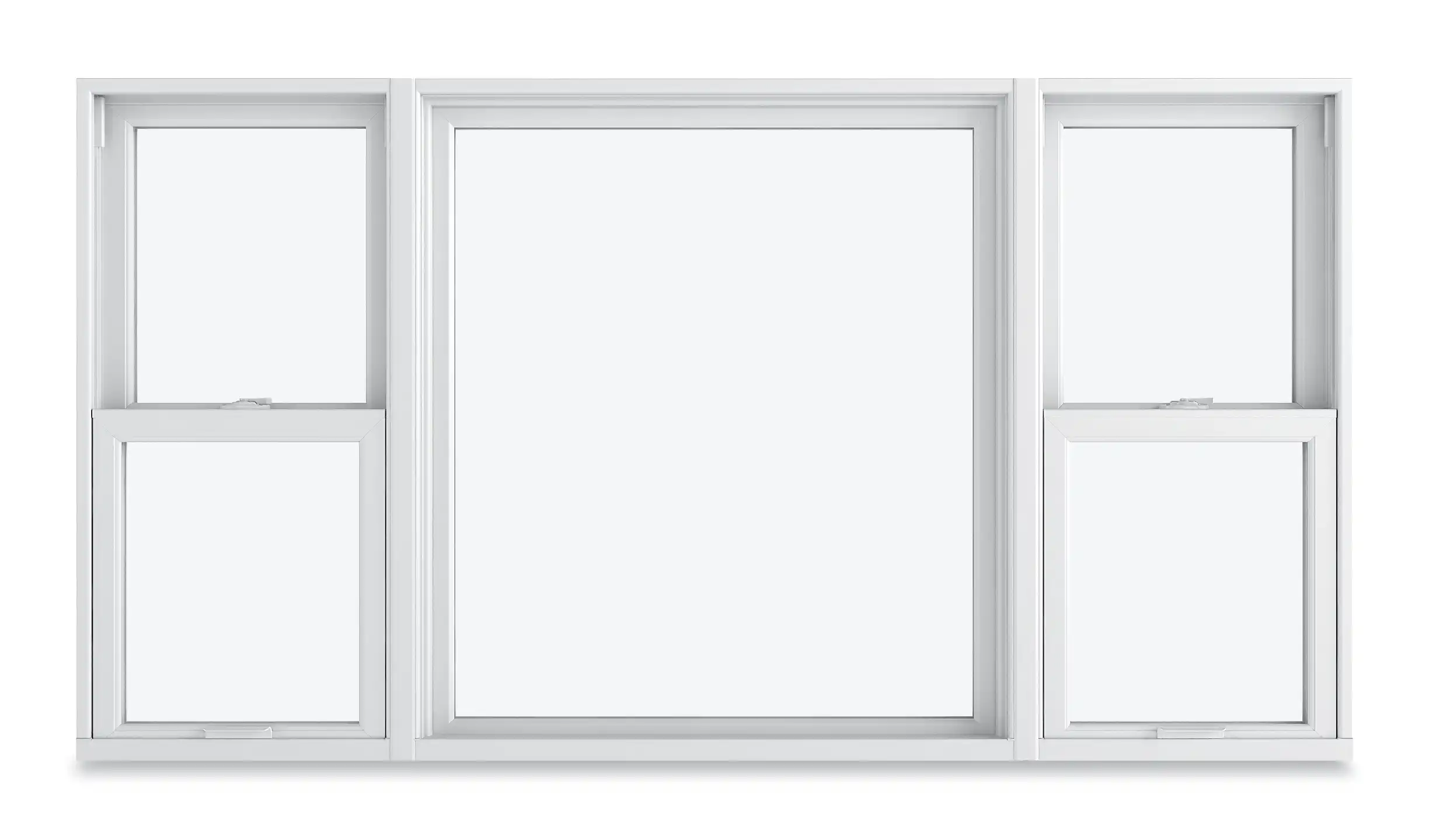 Image of two white Marvin Replacement Double Hung windows with a picture window in the middle.