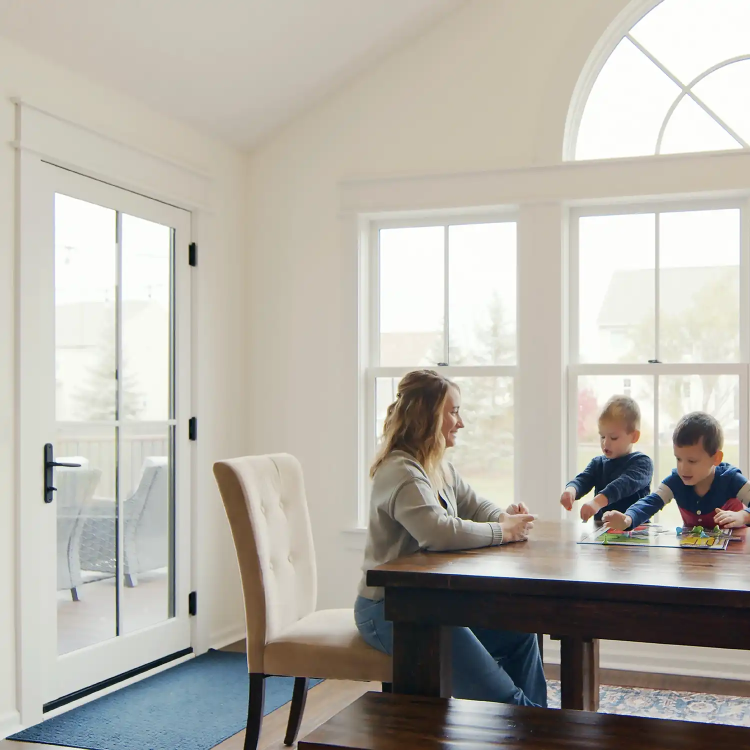 Interior lifestyle image of family playing board game in dining room featuring an Inswing French Door, Infinity Double Hung Windows, and a Round Top Window in Stone White