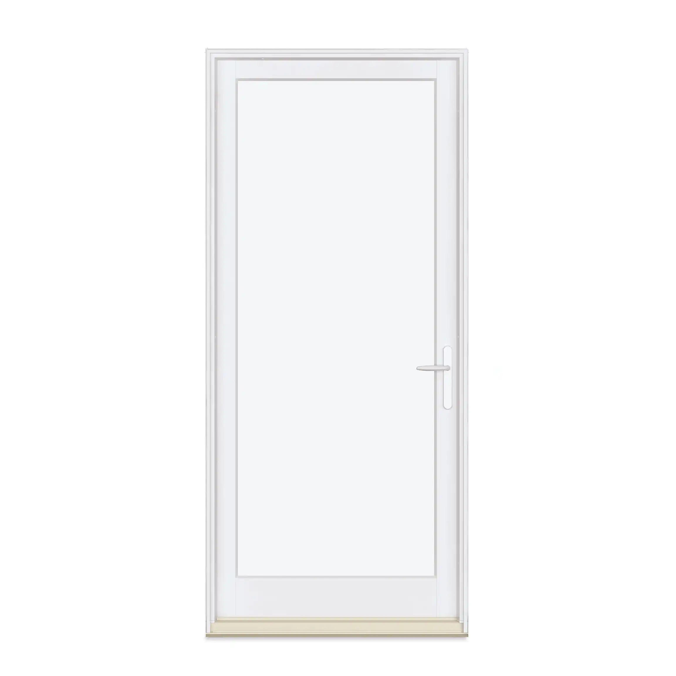 A white Marvin Replacement Inswing French door with a beige door sill and a white Northfield style door handle.