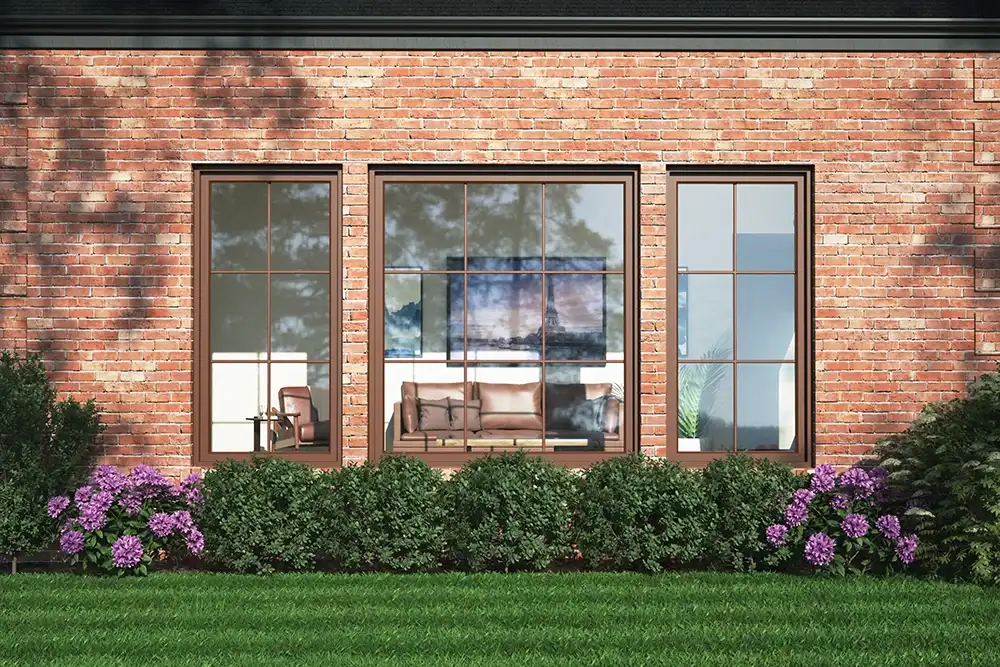 Exterior view of a brick home with casement windows and a casement picture window.