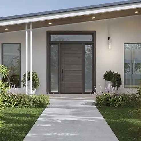 Street view of a TruStile Modern Front Door in Slate color on a modern style home.