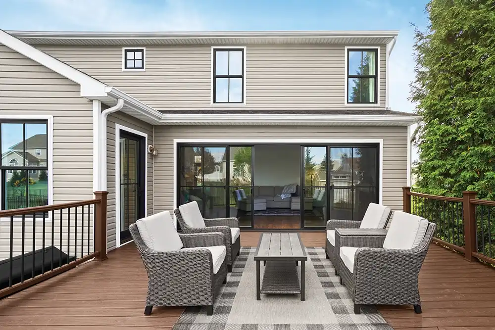 Exterior view of a four-panel Marvin Replacement Sliding Glass Door.