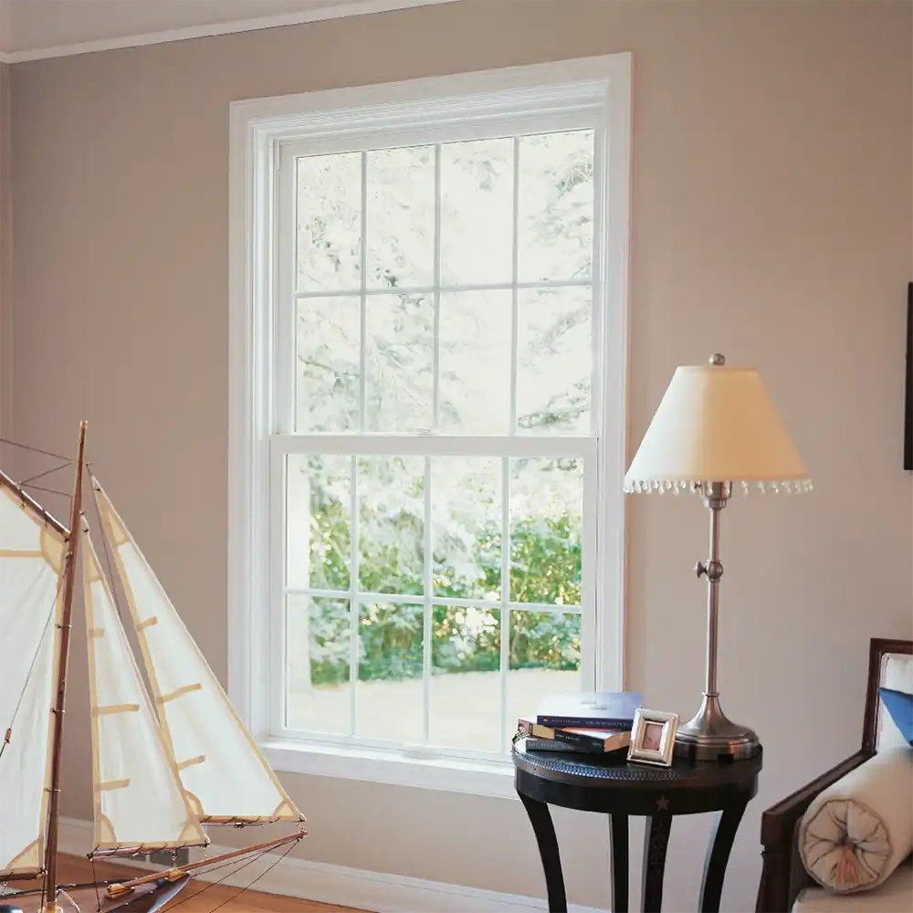 Interior view of a white single hung window in a living room.