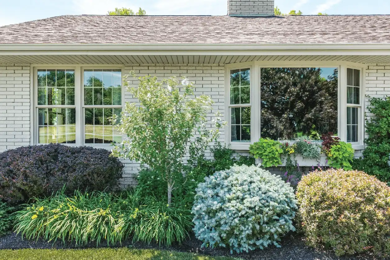 Exterior image of a white brick home with Marvin Replacement Bay Window and Double Hung windows.