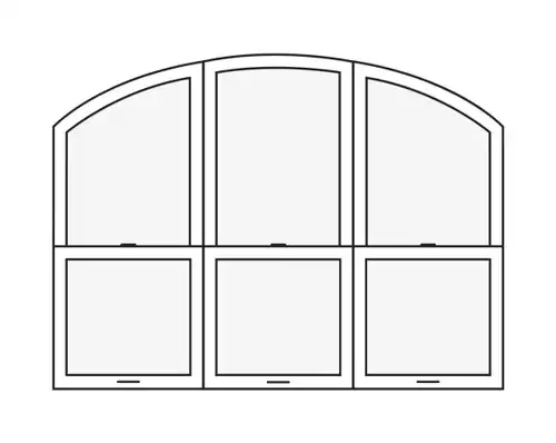 Line drawing of a Marvin Replacement Single Hung Round Top Three-Wide Mulled Unit.
