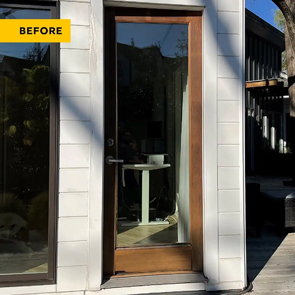 Exterior view of an old French door.