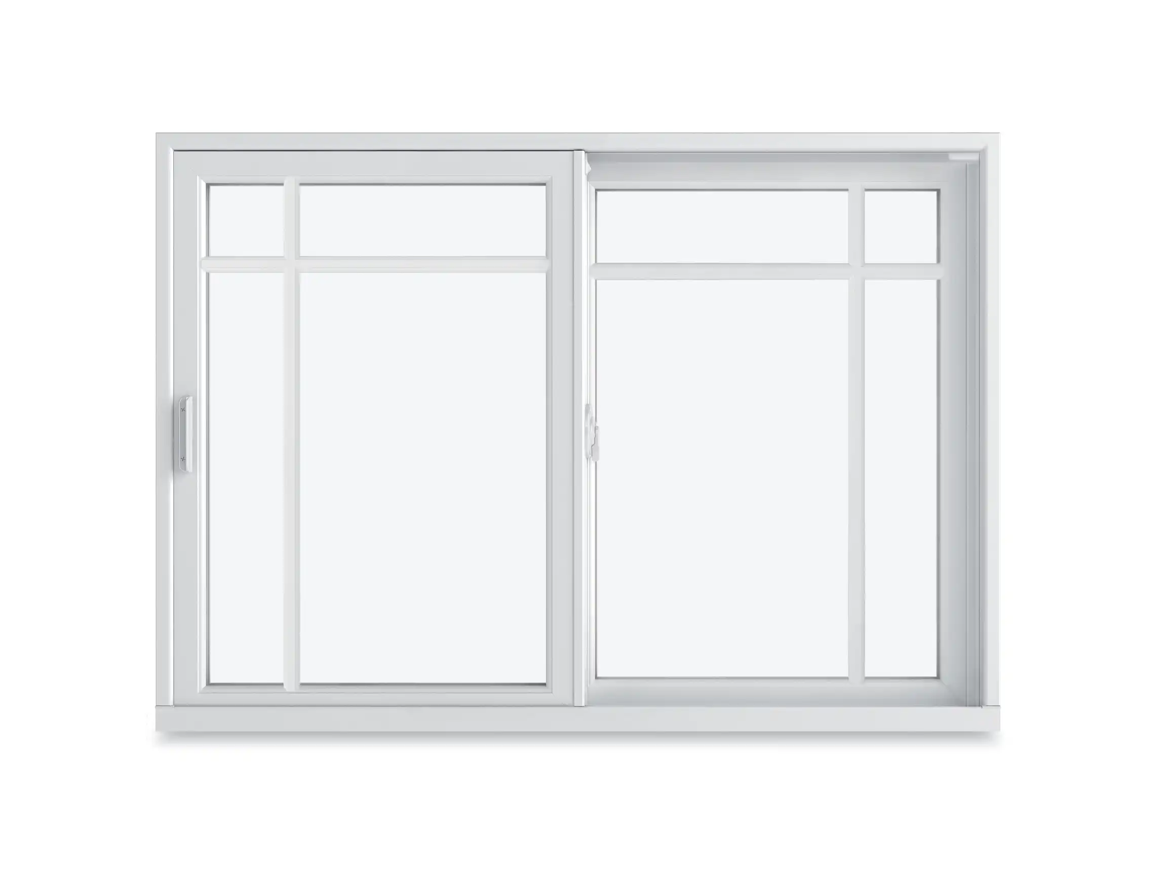 Image of a white Marvin Replacement Slider window with a Prairie Four Lite divided lite style.