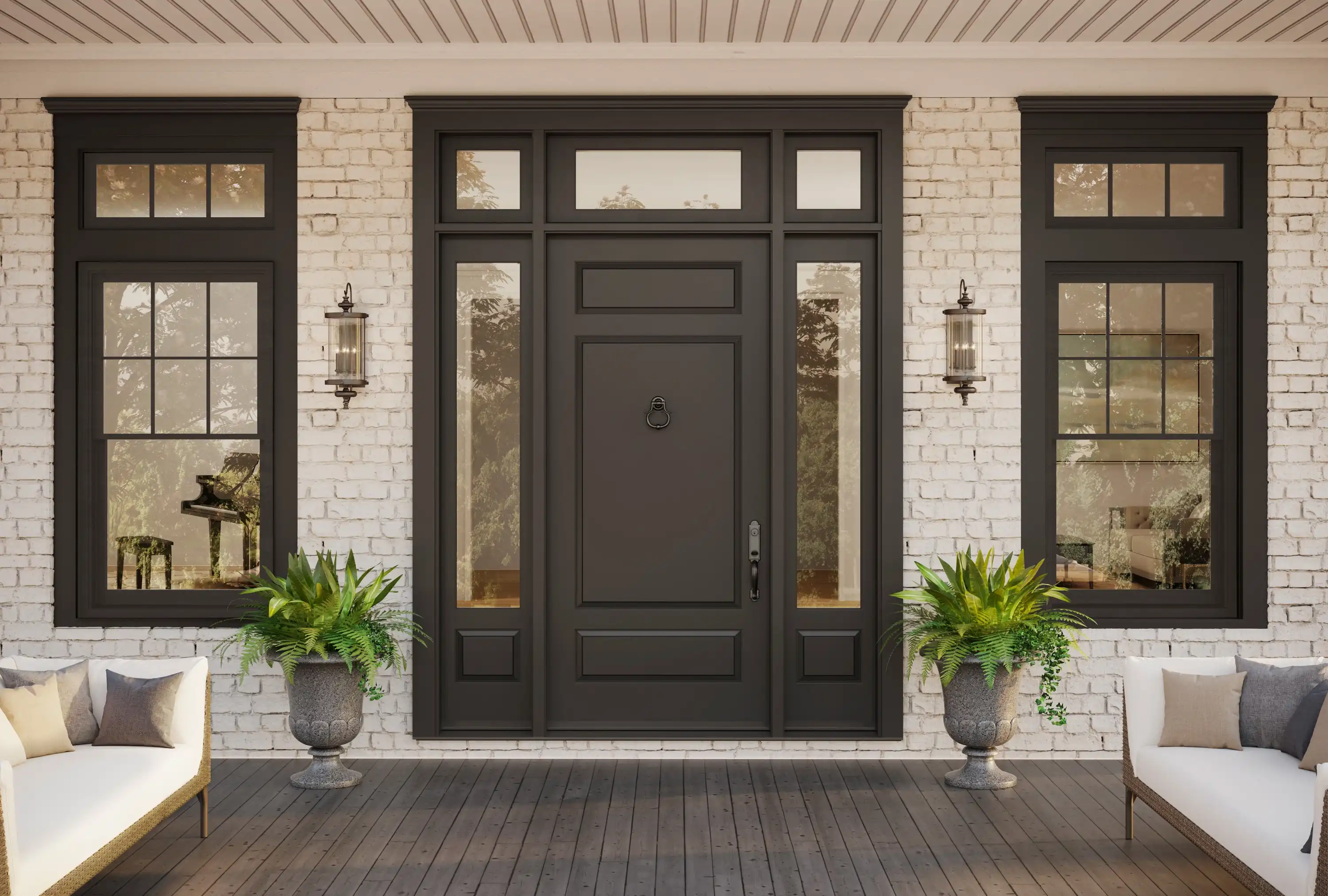 A black TruStile Traditional style entry door on a white brick house.