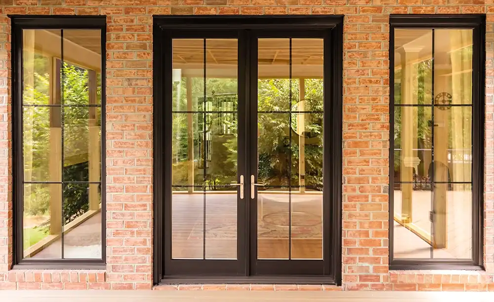 Exterior view of a Marvin Replacement French door in Bahama brown finish