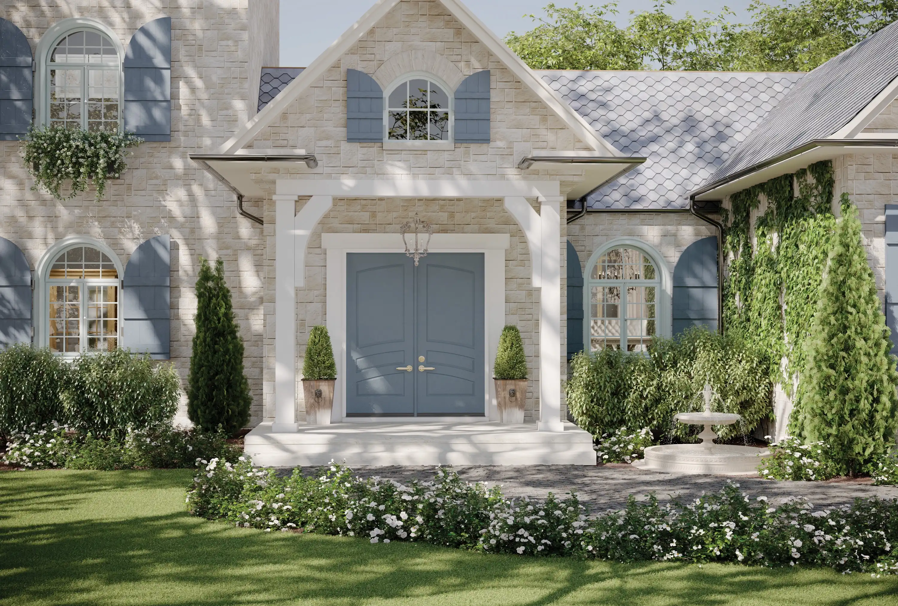 A light blue French County stile TruStile front door on a white house.