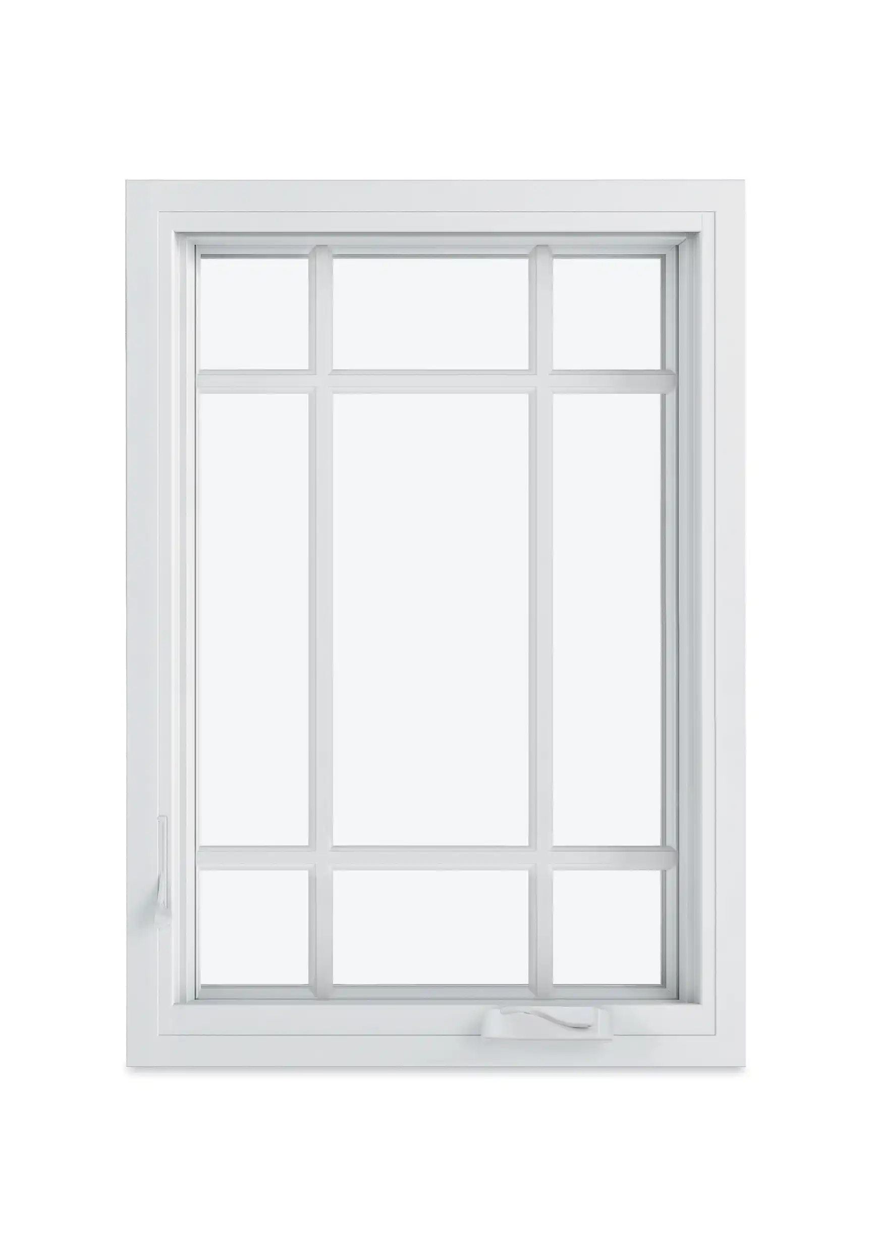 A white Marvin Replacement Casement window with a prairie nine lite style.