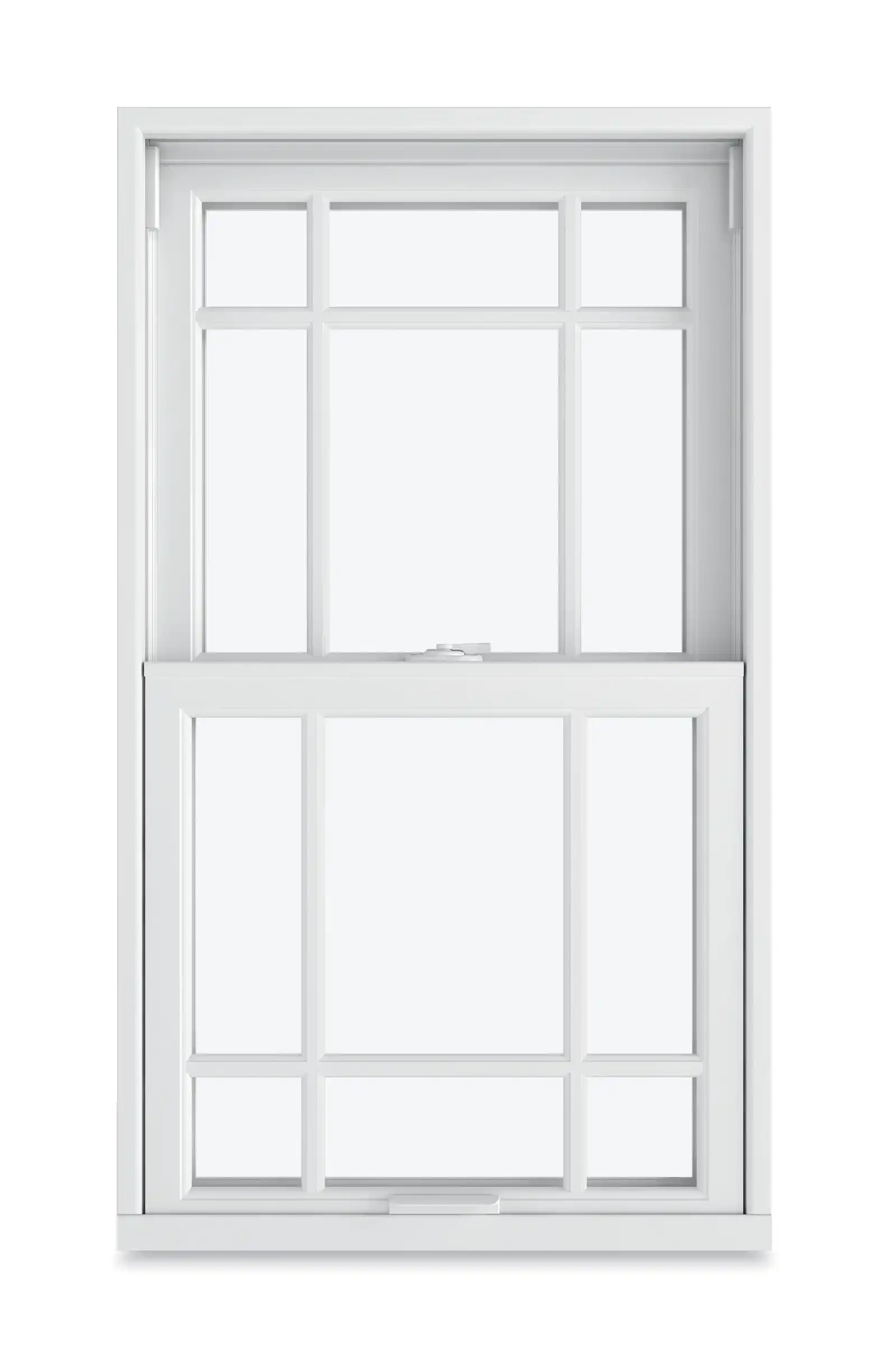 View of a white Marvin Double Hung window with a Prairie 6 Lite divided lite style.