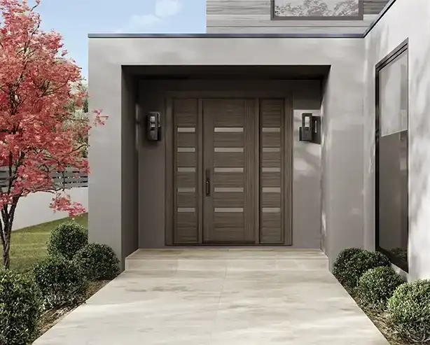 TruStile Modern Farmhouse Front Door in Grey Mist color.