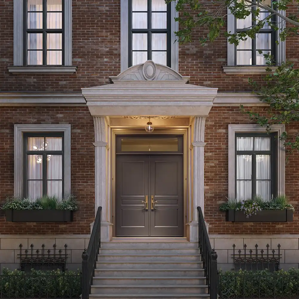 Exterior view of a TruStile Resilient Entry System with a traditional style front door.