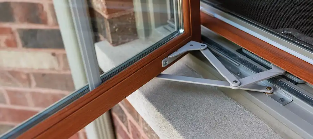 Close up view of a casement window roto parts