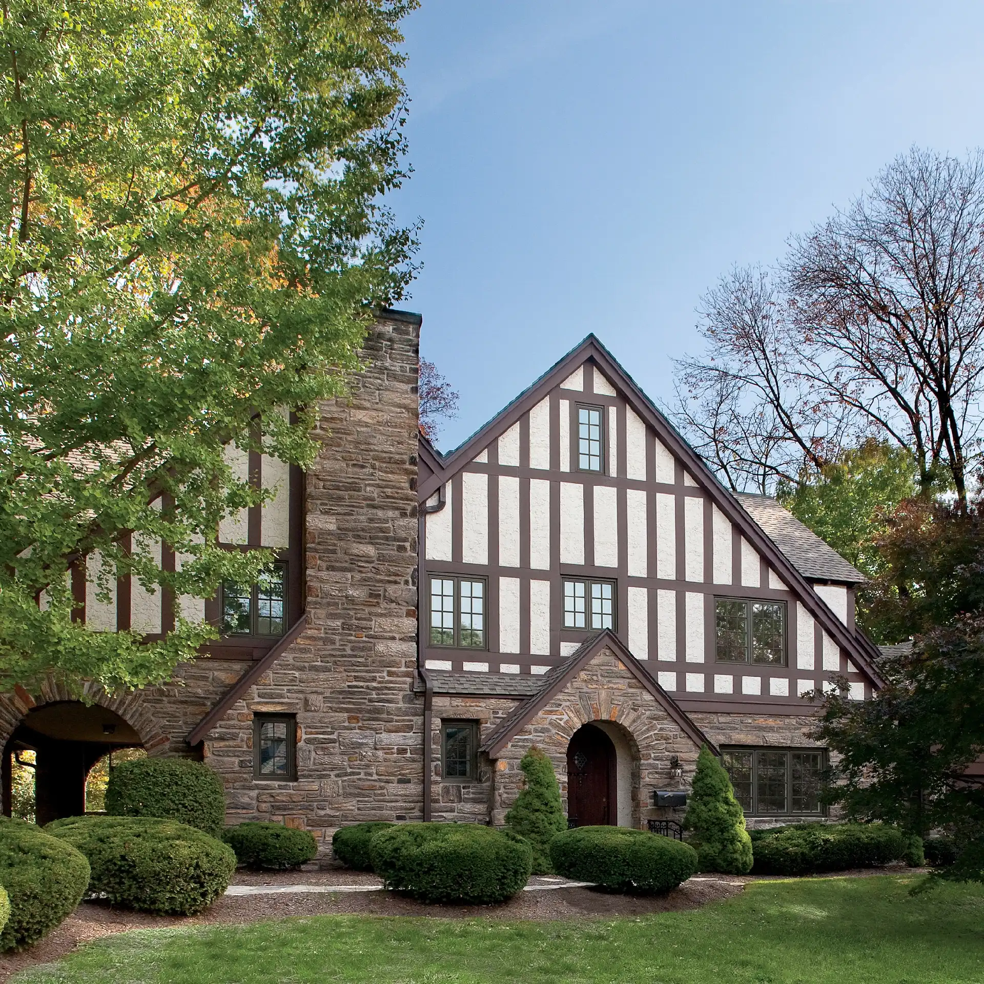 Exterior view of a Tudor style home with Marvin Replacement windows in Philadelphia.