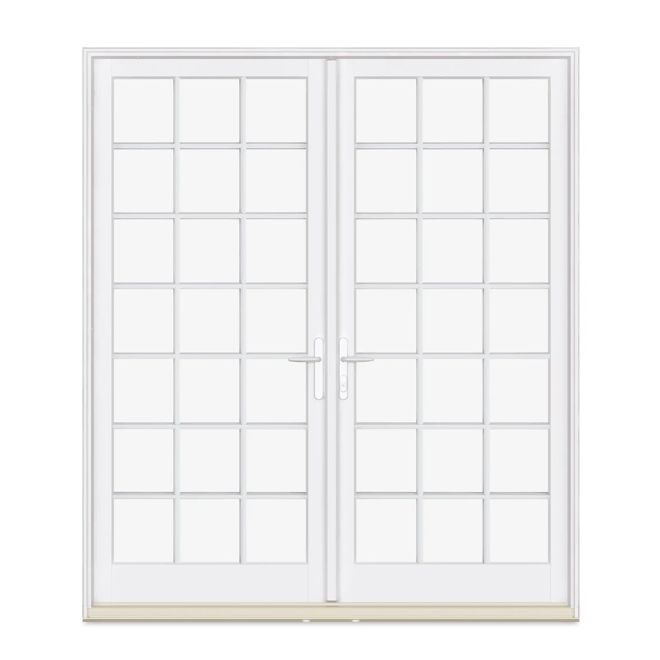 A white two-panel Marvin Replacement Inswing French door with Standard Divided Lites and Northfield style door handle.
