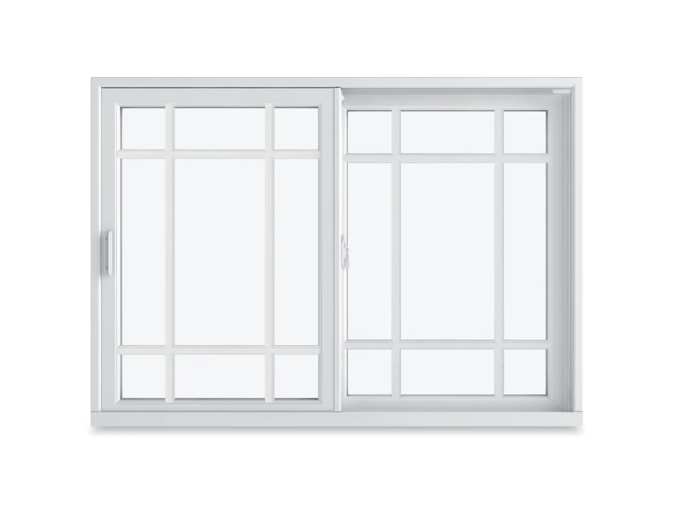 Image of a white Marvin Replacement Slider window with a Prairie Nine Lite Divided Lite style.