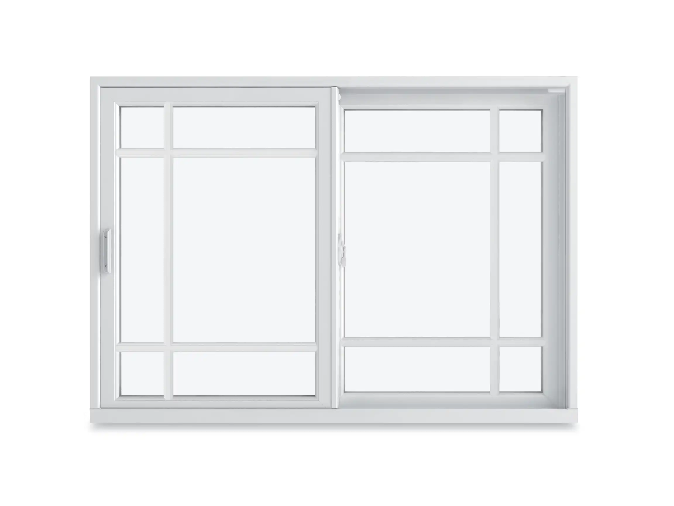 Image of a white Marvin Replacement Slider window with a Prairie Six Lite Divided Lite style.