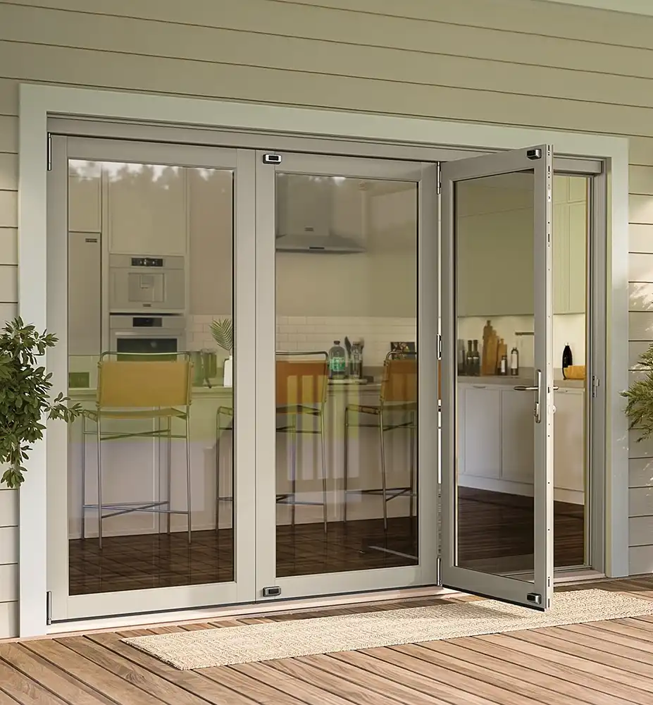 Exterior view of a partially opened Marvin Replacement Bi-fold patio door.