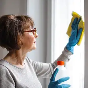 Older woman with glasses cleans window glass with a yellow rag while wearing blue gloves.