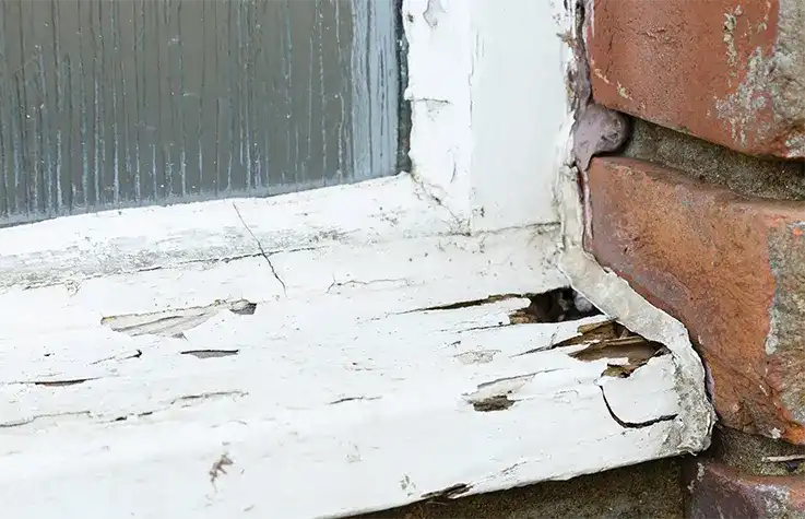 A closeup view of an old rotten white window frame on a brick home.