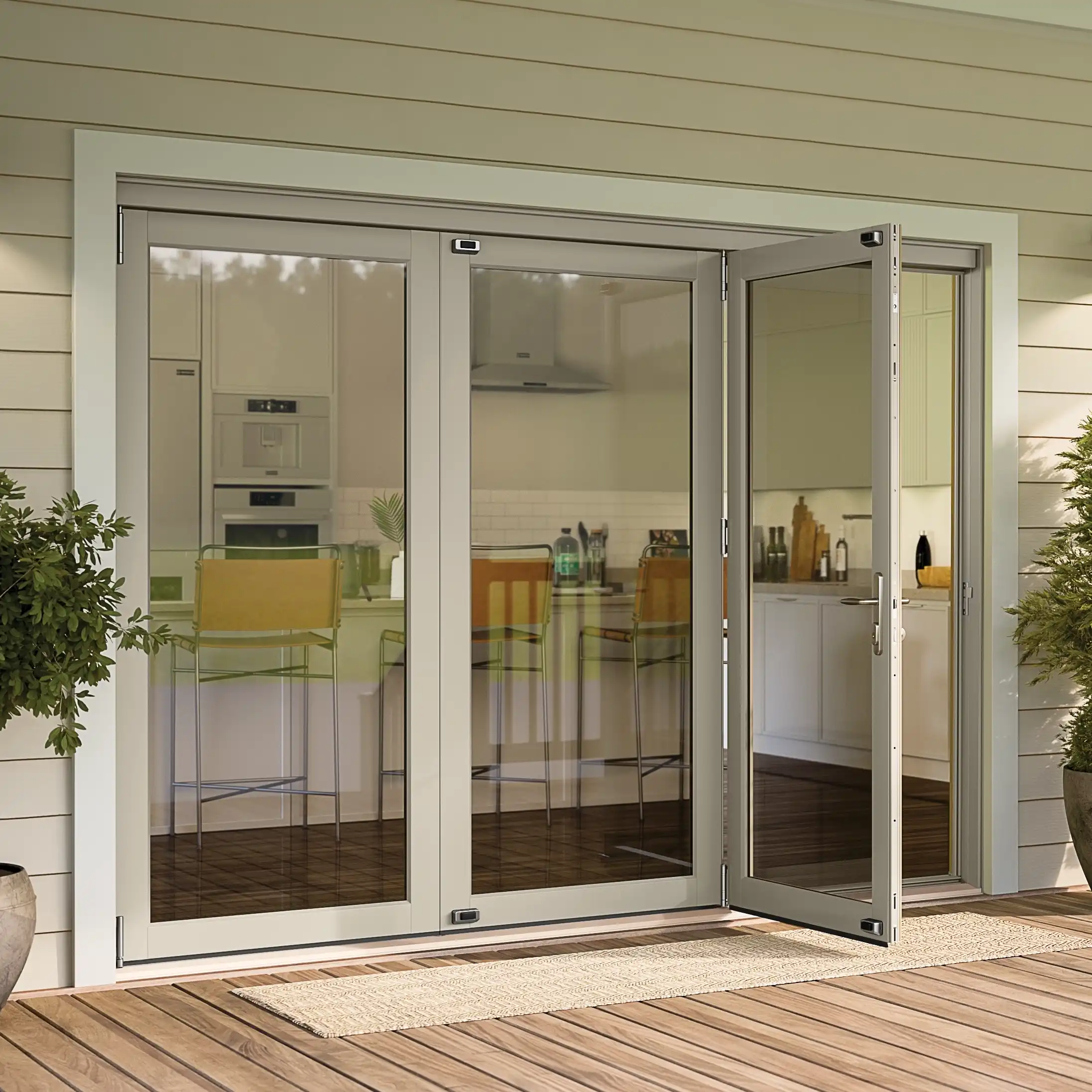 Exterior view of a partially opened Marvin Replacement Bi-fold patio door.